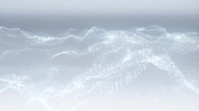 White particles flow across a shimmering wave-like grid with glowing points and soft diffusion on a light gradient background. Layered white and light gray tones enhance movement and depth.