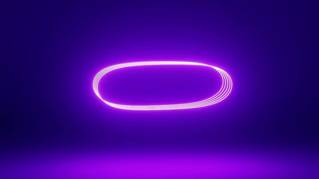 Glowing elliptical neon lines rotate and pulse smoothly on a dark purple gradient background. Layered purple and magenta tones enhance movement and depth.