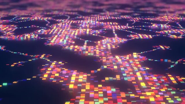 Flowing grid of glowing colored squares pulses and shifts over a dark background. Animated texture shows colored squares grid pattern with pulsing motion.