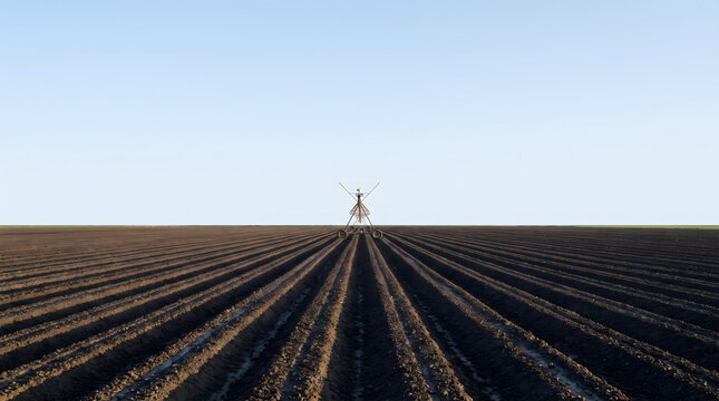 Farming nampa in an agricultural field with rows of freshly plowed earth under a clear blue sky