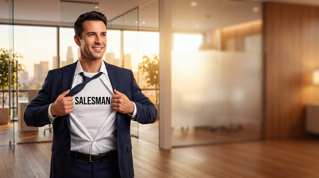 businessman superhero reveal salesman opens suit to show secret identity golden hour corporate hero concept