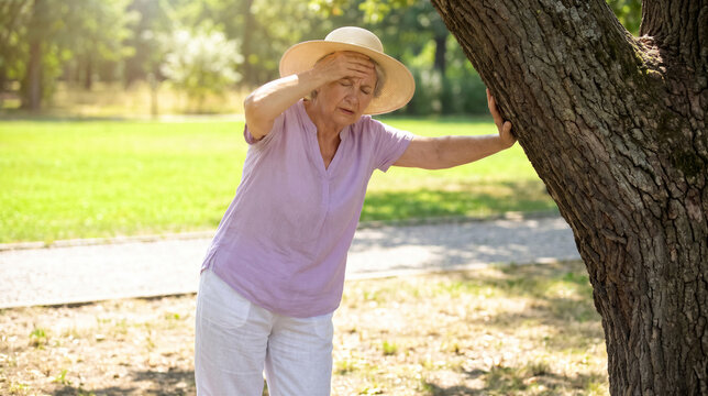 Senior woman feeling dizzy and exhausted, leaning against a tree in a park on a hot sunny day