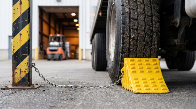 Closeup of a yellow wheel chock secured with a chain to a post, preventing a semitruck trailer from rolling at a loading dock