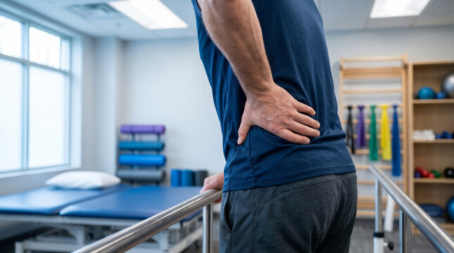 Man in physical therapy clinic holding his lower back due to pain while standing between parallel bars for rehabilitation