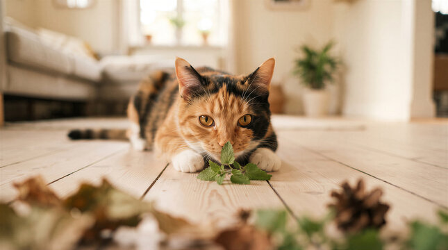 A cute calico cat lying on a wooden floor and sniffing a fresh green herb leaf in a cozy home environment