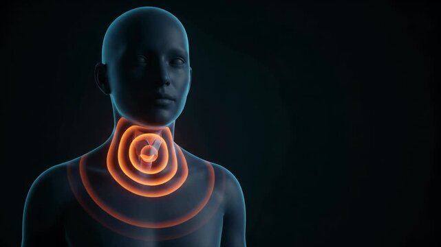 3D medical animation showing a glowing orange highlight on a human throat representing pain or inflammation in the larynx area.
