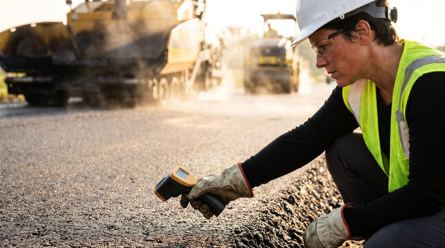 Female construction worker using an infrared thermometer to check the temperature of freshly laid asphalt on a road construction site