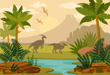 Prehistoric landscape with extinct plants, mountains and volcano, river and silhouette of dinosaurs - parasaurolophus and pterodactyl. Vector nature illustration.  © Natali Snailcat