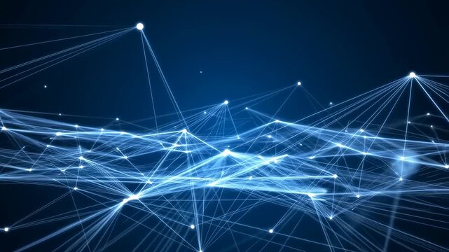 Glowing blue and cyan nodes pulse and flicker as connecting lines dynamically shift across a dark blue gradient background. Animated texture shows lines and points with pulsing motion.