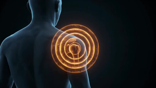 3D medical animation of a male figure showing localized shoulder pain with glowing orange rings on a dark background.