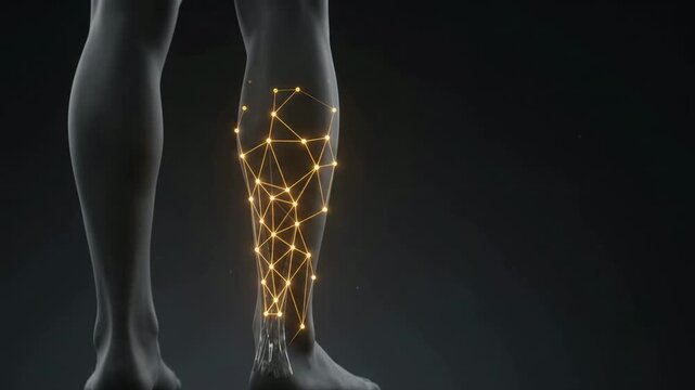 3D medical animation showing a glowing geometric representation of the Achilles tendon on a human leg model.