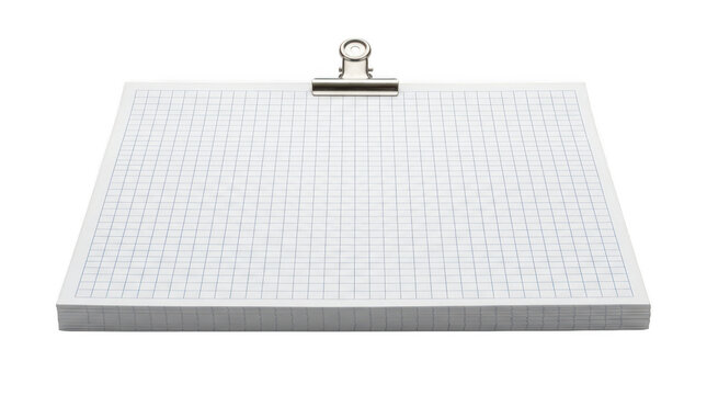A pad of graph paper attached to a silver clip isolated on transparent background