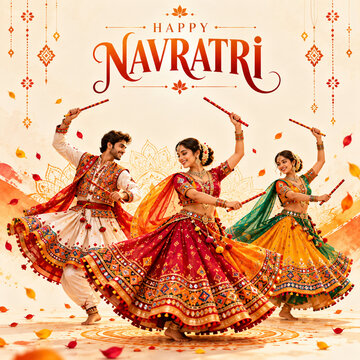 Happy navratri festive banner featuring three traditional dancers performing garba