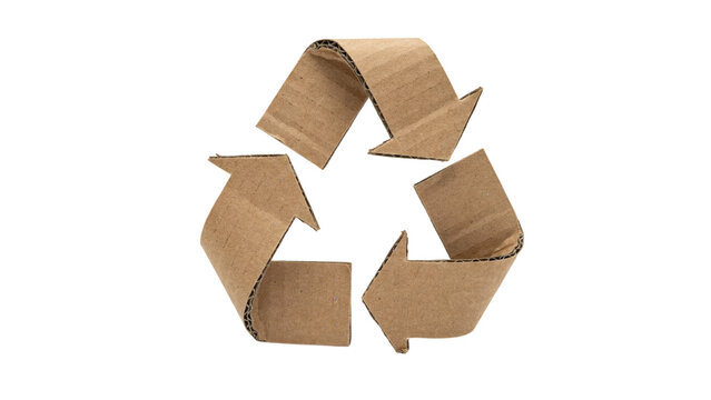 A recycling symbol made from textured brown corrugated cardboard, featuring the classic three-arrow triangular loop isolated on a black background, for sustainability and, eco-friendly concepts