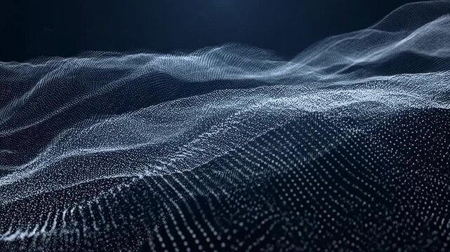 Flowing wave of white particles forms an undulating mesh on a dark background. Animated background combines particle wave mesh with data flow and digital wave.