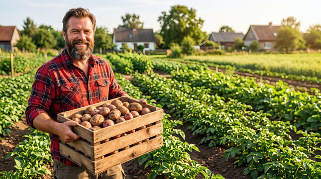 rustic farmer holding wooden crate of fresh potatoes in rural garden at golden hour harvest lifestyle banner with copyspace