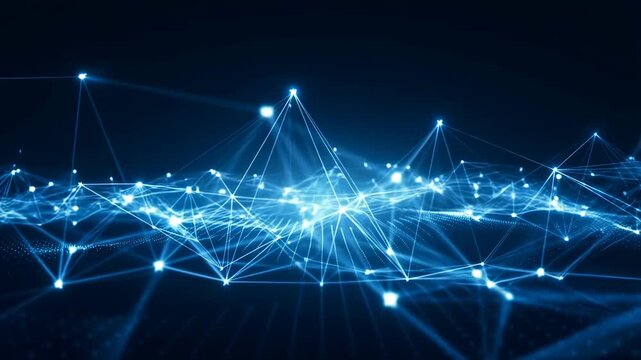 Animation of glowing blue network nodes connected by lines forming a dynamic digital mesh. Animated background combines glowing light with layered depth.