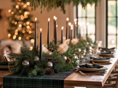 Christmas tablescape with ornaments and candles