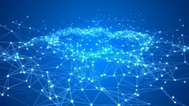 Glowing blue digital network mesh of nodes and connecting lines pulses and shifts on a dark blue gradient background. Animated texture shows points of light and lines with pulsing motion.