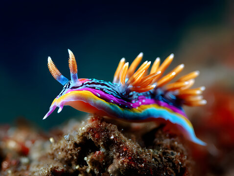 Vivid rainbow nudibranch sea slug with orange cerata crawling across textured coral underwater habitat
