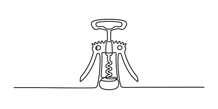 Continuous single line drawing of a wine corkscrew bottle opener tool for opening drinks and wine bottles in a simple minimalist style illustration