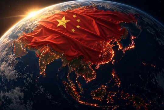 Silk Chinese flag with golden stars draped over East Asia on Earth globe during dramatic orbital sunrise