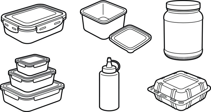 Plastic food containers and kitchen storage boxes line art vector illustration set