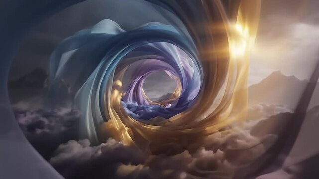 Swirling cosmic energy and celestial light breaking through clouds.