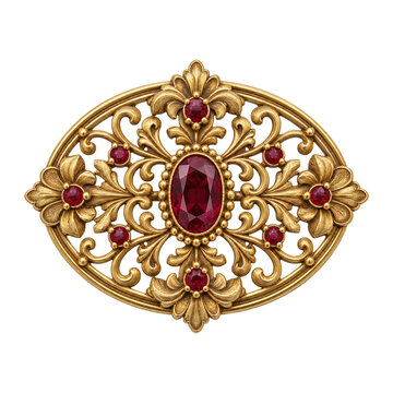 Vintage golden brooch with red ruby gemstones in ornate filigree design, luxury antique royal jewelry isolated on white background