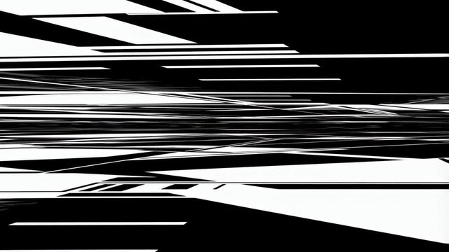 Rapid horizontal movement of black and white linear shapes creating an abstract high-contrast animation. Animated texture shows lines and stripes with fast horizontal movement.