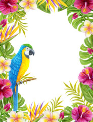 Tropical flowers frame with parrot bird. Watercolor painting with hibiscus, frangipani flowers and palm leaves. Tropic summer border.. © Marisha