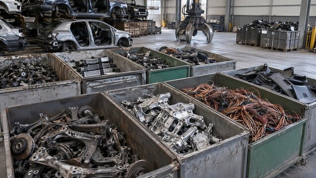 Sorted automotive materials from end-of-life vehicle dismantling, separated steel, aluminium, copper wiring and plastic components for industrial recycling and material recovery