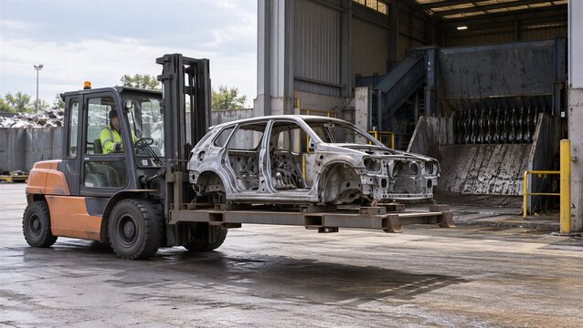 Depolluted end-of-life vehicle shell transported toward shredder, stripped car body after dismantling and material recovery at industrial automotive recycling facility
