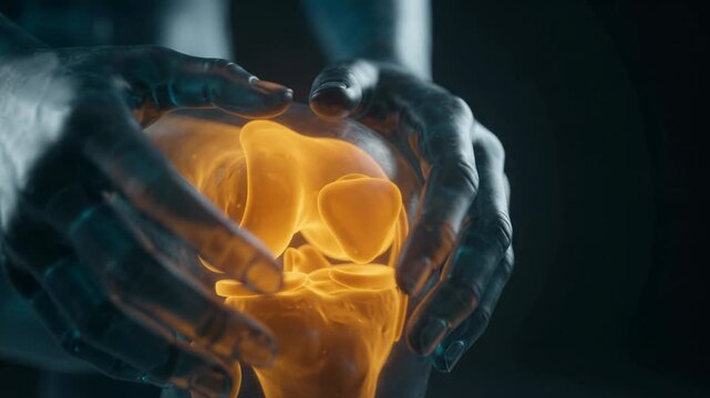 CGI footage of a translucent blue humanoid figure holding its knee, representing joint pain and medical anatomy.