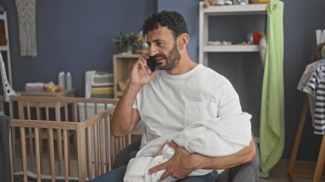 Man holds swaddled baby and talks on smartphone while seated in an armchair beside a wooden crib in a nursery room; tenderness parental care.