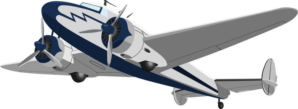 Vintage twin-engine transport airplane in flight