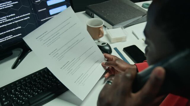 African American young man talking on phone reading printed scam script at desk. Clip works well for cybersecurity, scam awareness campaign