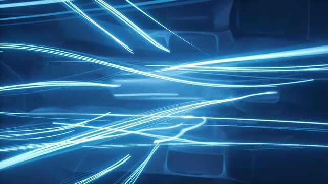 Blue glowing light trails dynamically flow and cross over a dark background. Lines move smoothly creating continuous energy paths for digital backgrounds and visual effects.