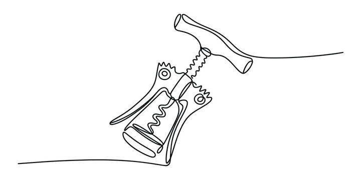 Continuous one line drawing of a metal wine corkscrew opener tool for opening bottles of wine at home or in a restaurant setting for wine lovers