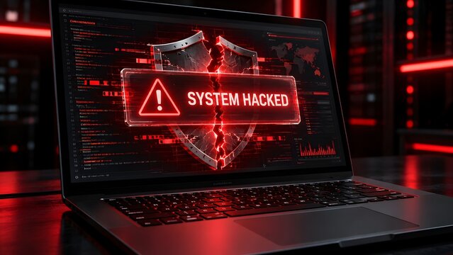 System Hacked warning message with a broken shield icon displayed on a modern laptop screen in a dark server room setting illustrating cyber attack and security failure