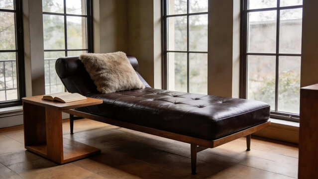 Modern leather chaise lounge with fur pillow and wooden side table