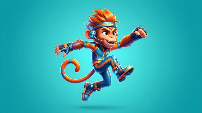 3D cute cartoon monkey wearing headset playing video games with controller