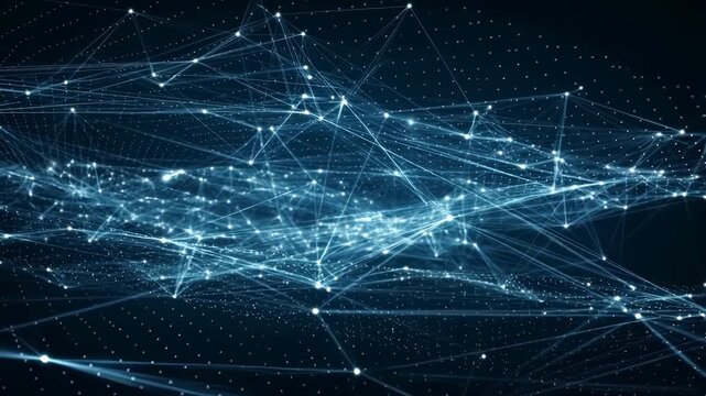 Glowing blue and white nodes connect and shift dynamically within a flowing digital mesh on a dark background. Animated texture shows points and lines with flowing movement.