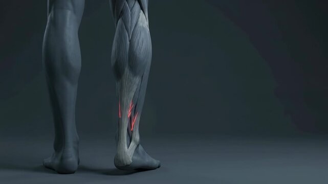 3D medical illustration of human leg musculature showing calf muscles and Achilles tendon in a studio setting.
