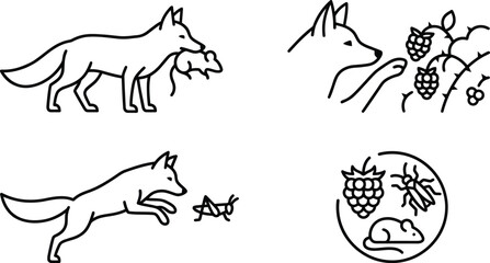 Obraz premium Cute Fox Wildlife Collection with Berries, Mouse and Forest Plants, Hand Drawn Woodland Line Art Illustration Set