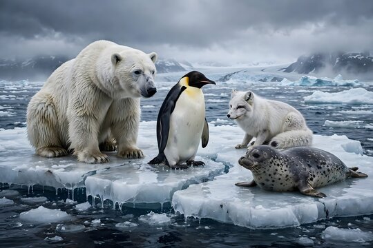 Polar bear penguin arctic fox and leopard seal together on melting ice with emperor penguin climate change arctic landscape endangered species wild animals nature conservation environmental