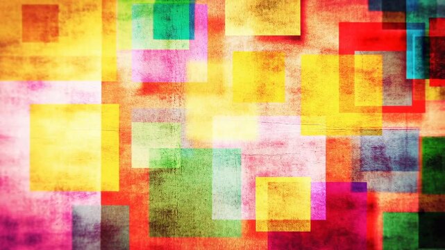 Colorful translucent squares overlap and shift positions on a textured warm gradient background. Animated background combines alpha transparency with layered depth.