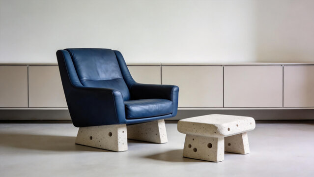 Blue leather armchair with concrete legs and matching stool in minimalist room