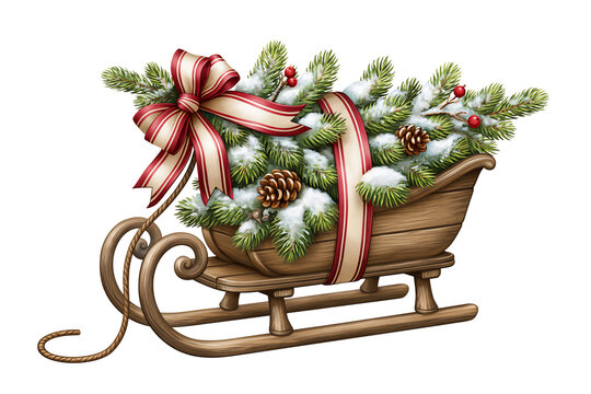 Illustrated sled with Christmas tree and ribbon, isolated on white or transparent background