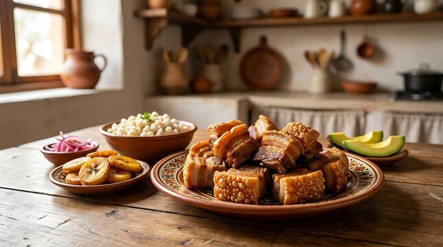 Traditional Ecuadorian fritada served with mote and plantains on wood table